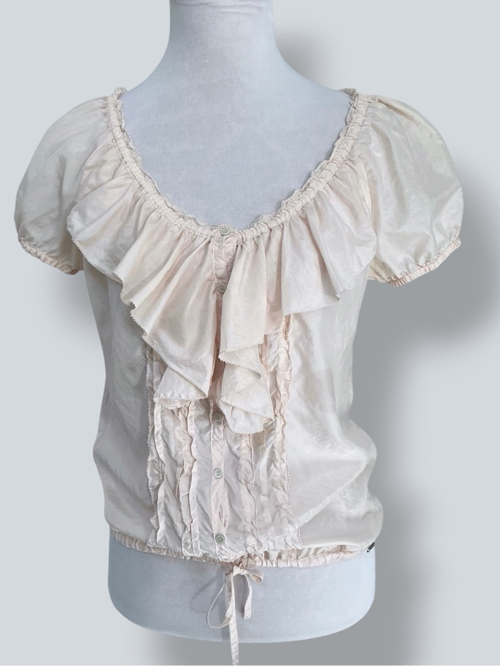 Abercrombie Fitch Silk Vintage Top Tucked Ruffle Puff Sleeves Pink Peach Medium